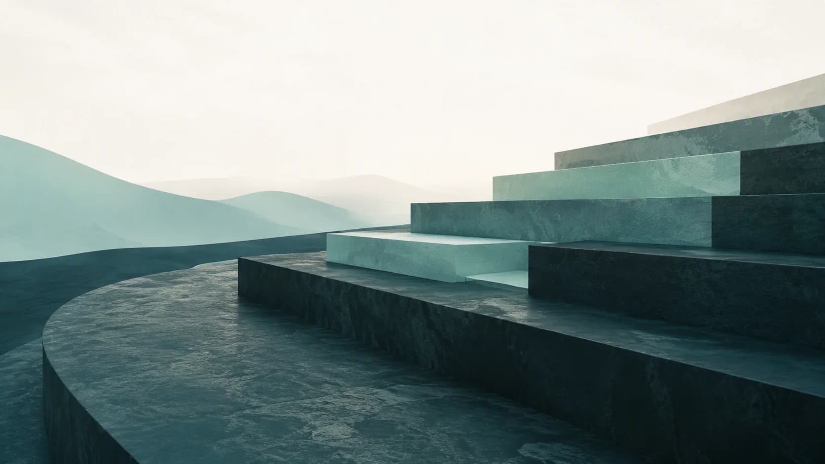 A refined abstract arrangement of ascending deep-green and teal terraces against a soft off-white horizon.