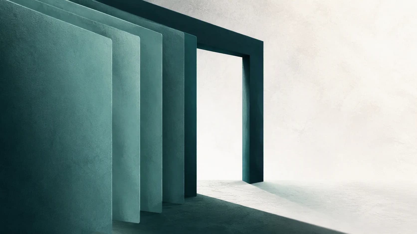 Muted-teal layers pass through a precise deep-green opening into a bright off-white field.