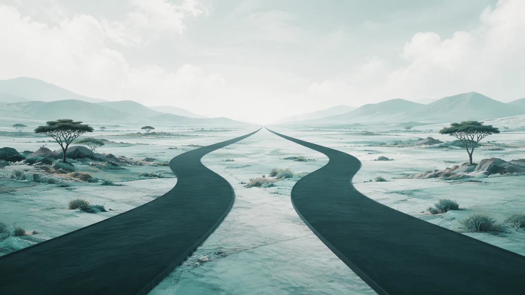 Two abstract deep-green pathways curve through a calm pale landscape before converging at a distant horizon.