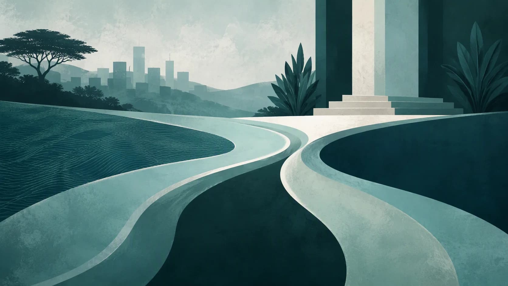 Three abstract teal currents converge across a deep-green field, held in a calm structured composition.