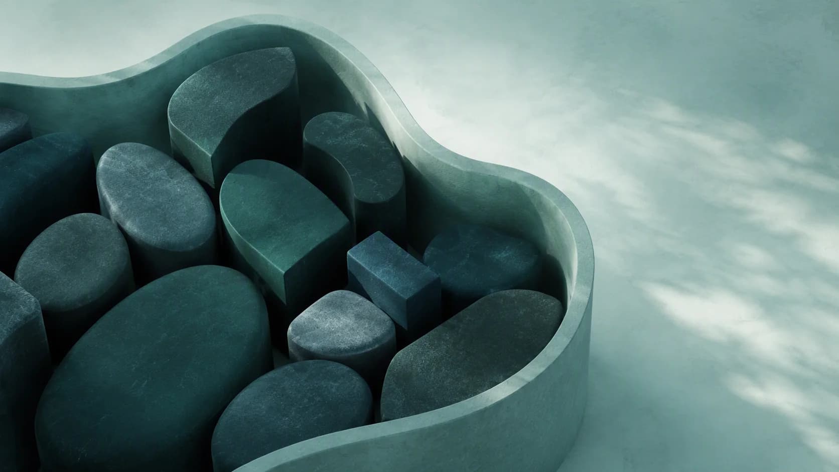 Abstract deep-green forms are held within a quiet teal boundary, with a small open space beyond.