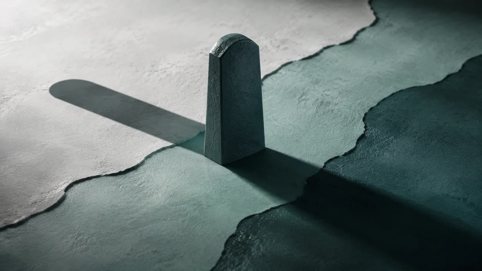 A muted-teal line passes through layered deep-green spaces beside a soft circular off-white glow.