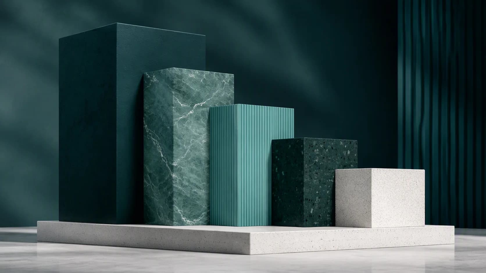 Layered abstract architectural planes rising from a grounded base, each distinct but unified as a coherent structure.