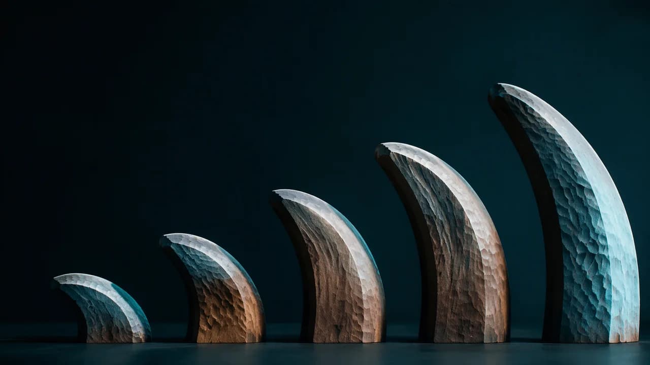 Five rising wooden arcs showing a clear progression from question to answer.