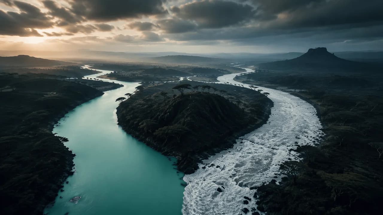A forked river flowing around a dark island, representing the choice between a special defence and preliminary objection.