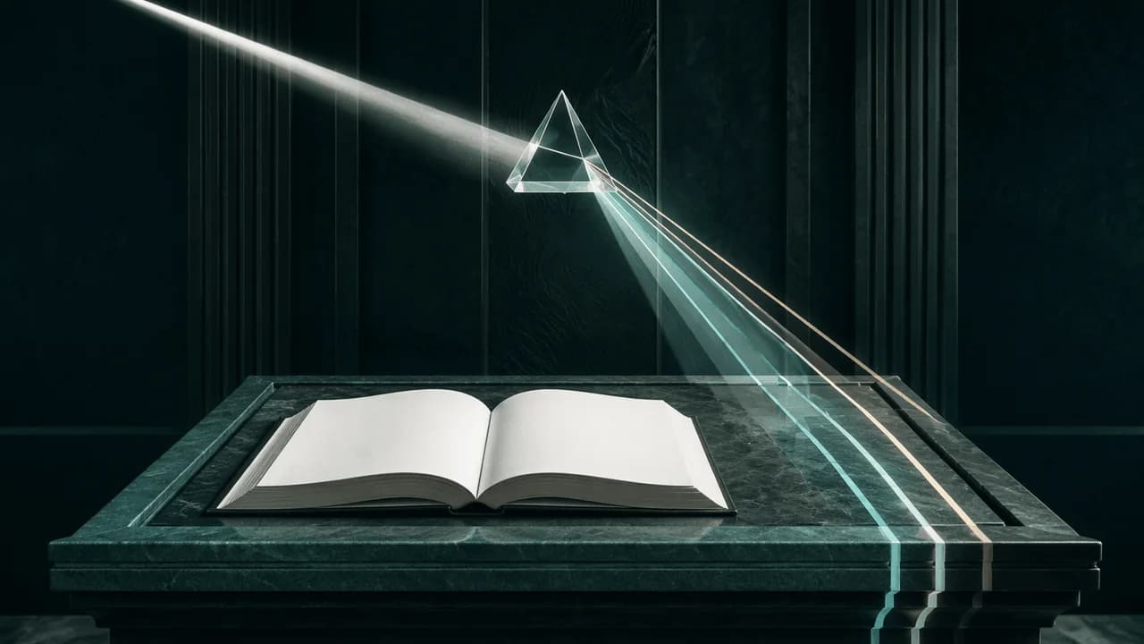 A GNLegal editorial illustration of a beam of light passing through a prism above an open constitutional volume, representing disciplined constitutional interpretation.