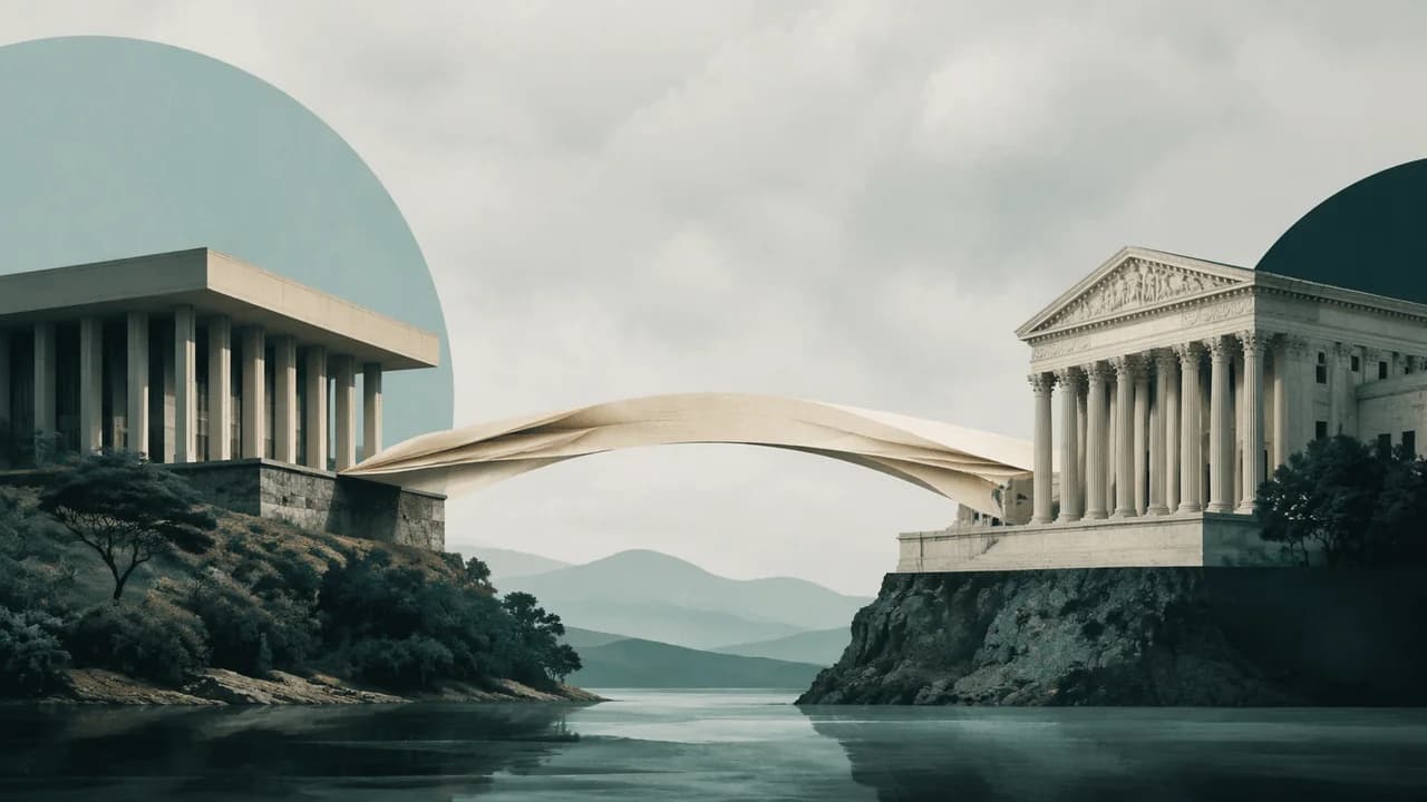 A GNLegal editorial illustration of two court traditions connected by an archival-paper bridge, representing comparative constitutional interpretation.