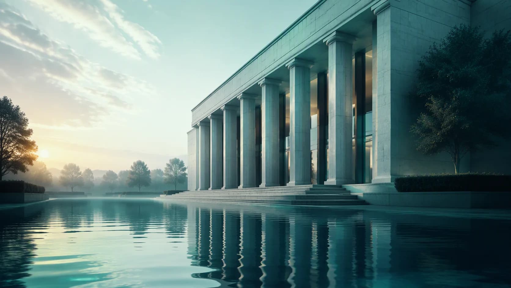 Text-free editorial scene of a bank under careful regulatory stewardship.