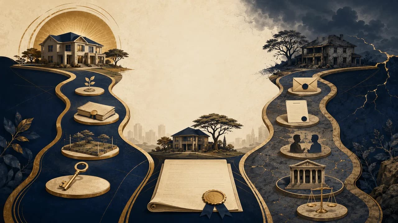 A property transaction dividing into completion and breach-notice-rescission paths.