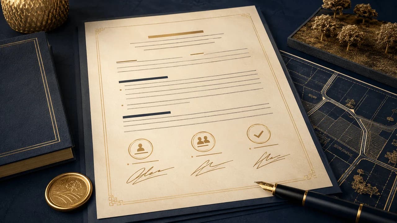 A professionally prepared property sale agreement with signature, witness and completion markers.