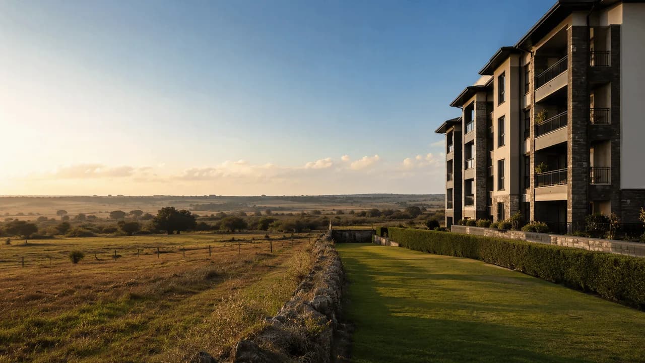 Three connected Kenyan land-interest records: a freehold parcel, a lease document and a community landscape.