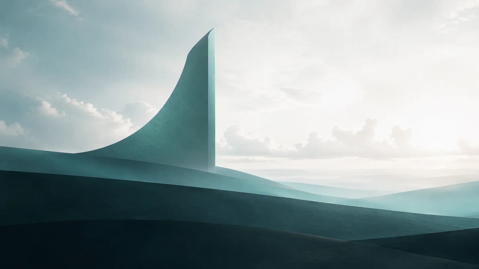An abstract muted-teal form rises through layered deep-green planes into a bright open horizon.